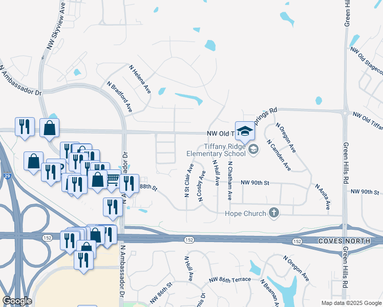 map of restaurants, bars, coffee shops, grocery stores, and more near 9022 North Saint Clair Avenue in Kansas City