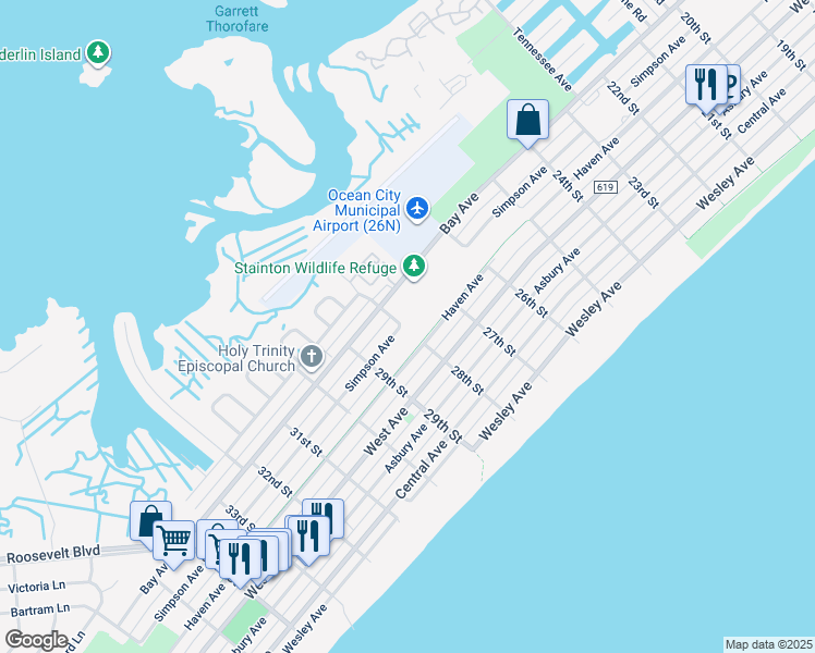 map of restaurants, bars, coffee shops, grocery stores, and more near 199 28th Street in Ocean City