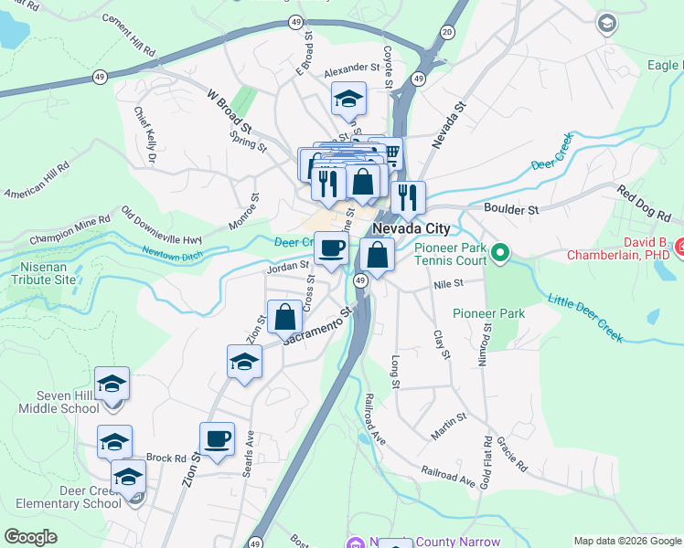 map of restaurants, bars, coffee shops, grocery stores, and more near 211 Gethsemane Street in Nevada City