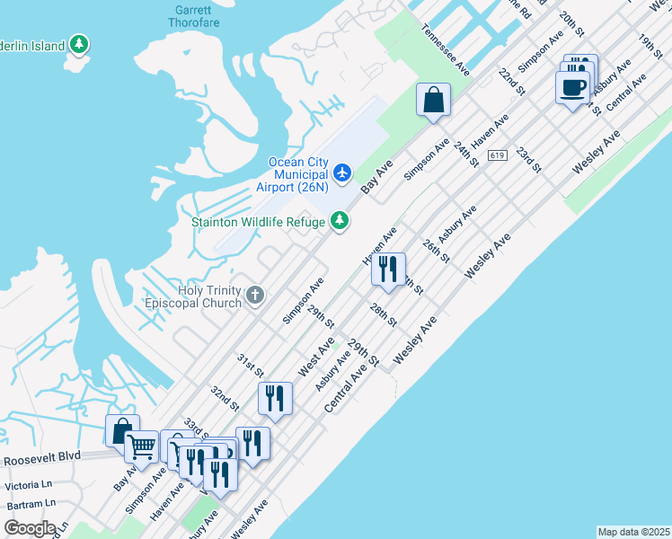 map of restaurants, bars, coffee shops, grocery stores, and more near 199 28th Street in Ocean City