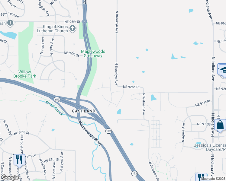 map of restaurants, bars, coffee shops, grocery stores, and more near 2109 Northeast 91st Terrace in Kansas City