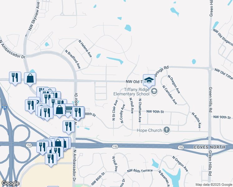 map of restaurants, bars, coffee shops, grocery stores, and more near 9022 North Saint Clair Avenue in Kansas City