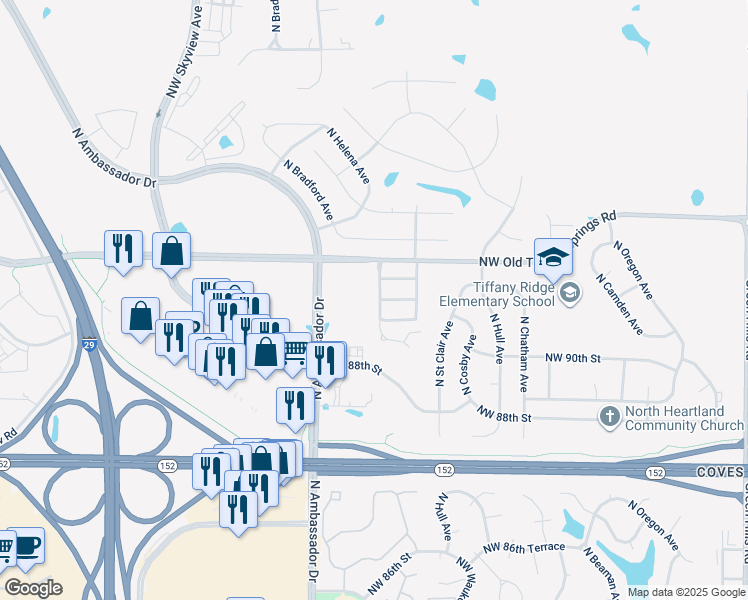 map of restaurants, bars, coffee shops, grocery stores, and more near 9026 North Helena Avenue in Kansas City
