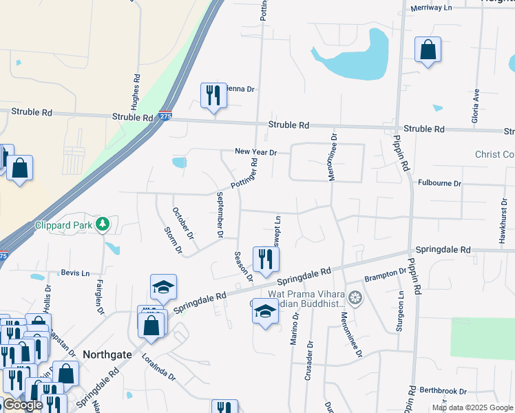 map of restaurants, bars, coffee shops, grocery stores, and more near 3160 Jackfrost Way in Cincinnati