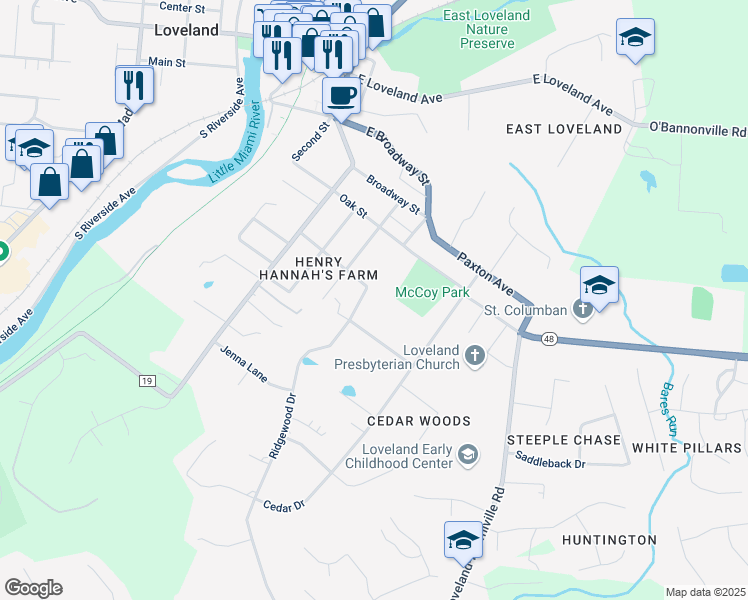 map of restaurants, bars, coffee shops, grocery stores, and more near 106 Walnut Street in Loveland