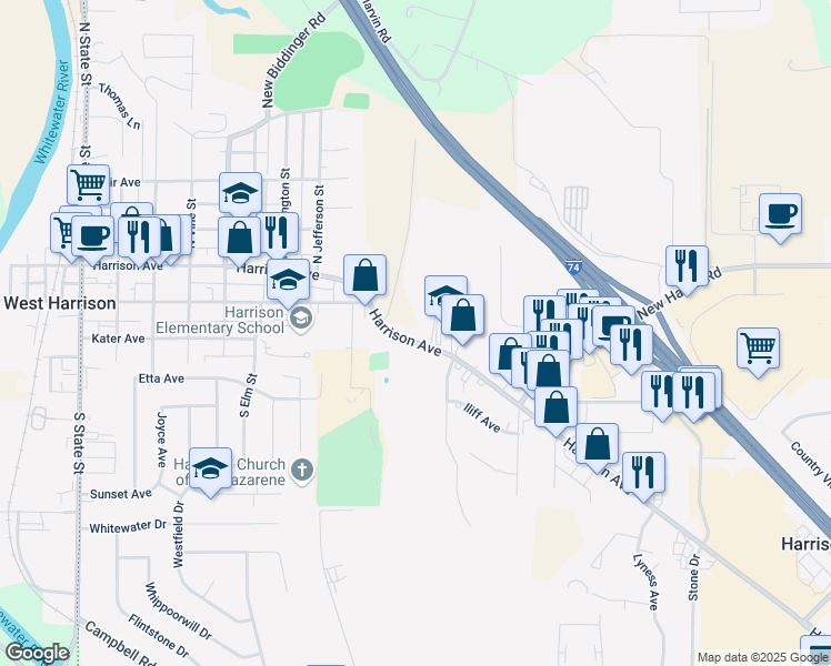 map of restaurants, bars, coffee shops, grocery stores, and more near 105 Turner Ridge Drive in Harrison