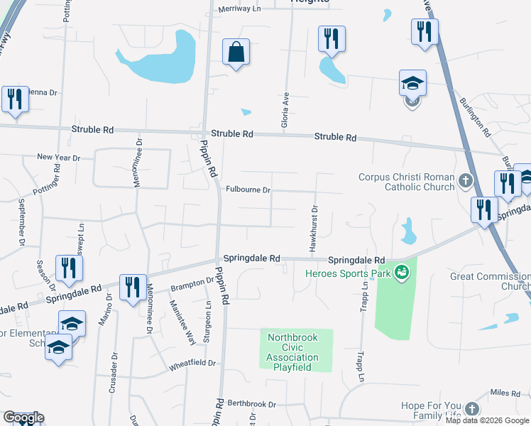 map of restaurants, bars, coffee shops, grocery stores, and more near 2512 Grosvenor Drive in Cincinnati