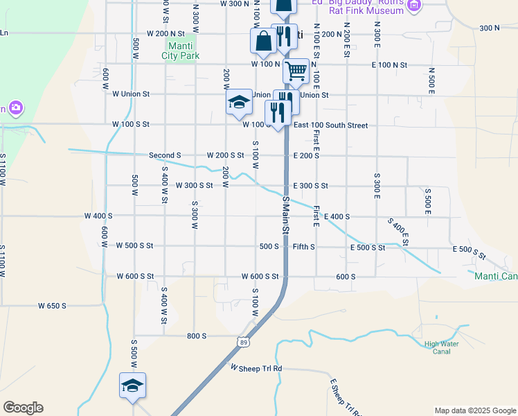 map of restaurants, bars, coffee shops, grocery stores, and more near 103 West 400 South in Manti