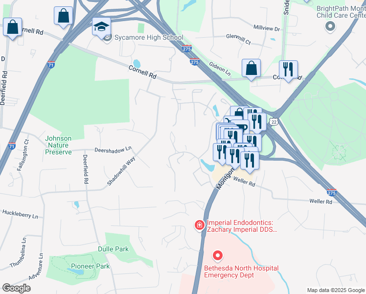 map of restaurants, bars, coffee shops, grocery stores, and more near 7950 Village Drive in Cincinnati