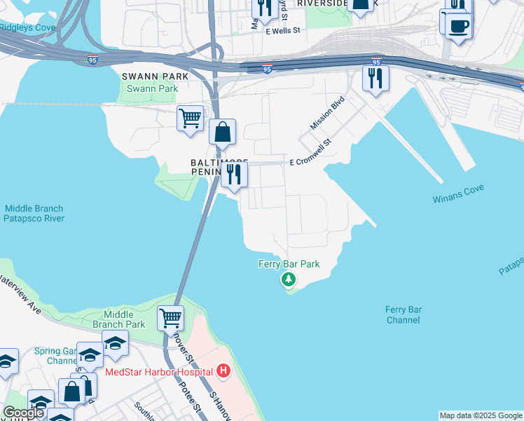 map of restaurants, bars, coffee shops, grocery stores, and more near 2604 West Peninsula Drive in Baltimore