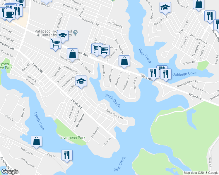 map of restaurants, bars, coffee shops, grocery stores, and more near 503 Bayside Drive in Dundalk