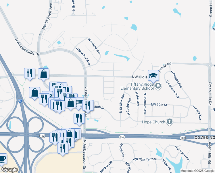 map of restaurants, bars, coffee shops, grocery stores, and more near 5940 Northwest 91 Street in Kansas City
