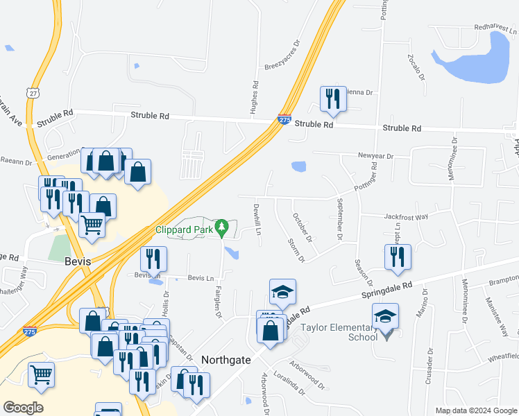 map of restaurants, bars, coffee shops, grocery stores, and more near 10288 Dewhill Lane in Cincinnati