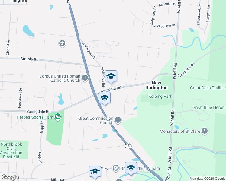 map of restaurants, bars, coffee shops, grocery stores, and more near 1917 Springdale Road in Cincinnati