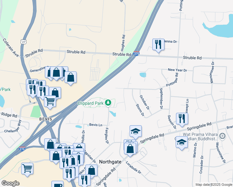 map of restaurants, bars, coffee shops, grocery stores, and more near 10259 Dewhill Lane in Cincinnati