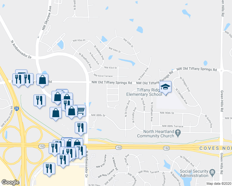 map of restaurants, bars, coffee shops, grocery stores, and more near 5914 Northwest 90th Terrace in Kansas City