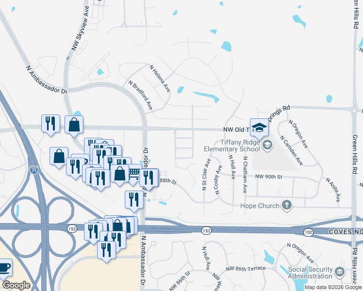 map of restaurants, bars, coffee shops, grocery stores, and more near 5914 Northwest 90th Terrace in Kansas City