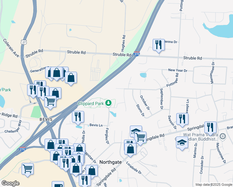 map of restaurants, bars, coffee shops, grocery stores, and more near 10259 Dewhill Lane in Cincinnati