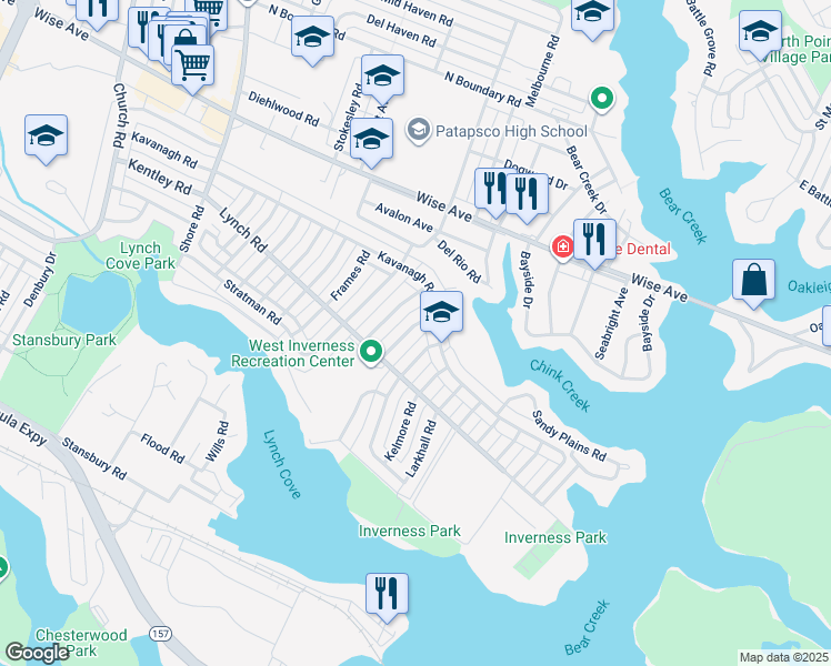 map of restaurants, bars, coffee shops, grocery stores, and more near 1923 Inverton Road in Dundalk
