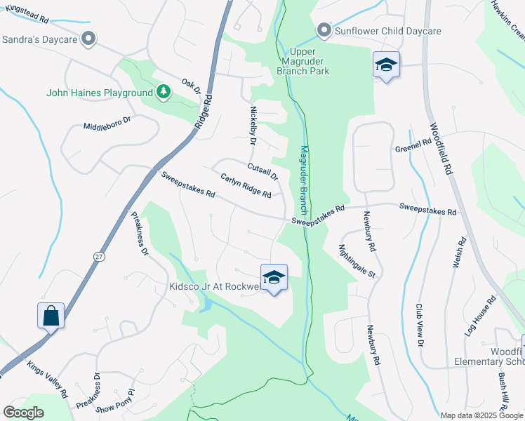 map of restaurants, bars, coffee shops, grocery stores, and more near 10417 Sweepstakes Road in Damascus