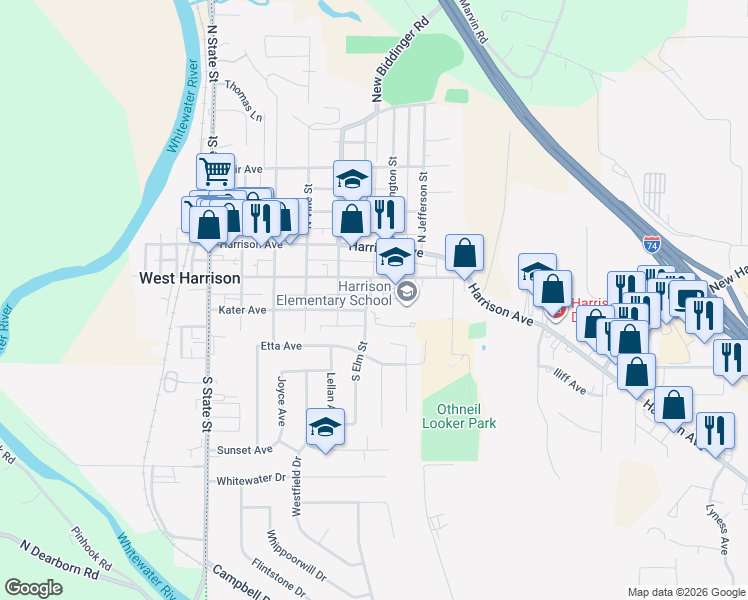 map of restaurants, bars, coffee shops, grocery stores, and more near 230 South Elm Street in Harrison