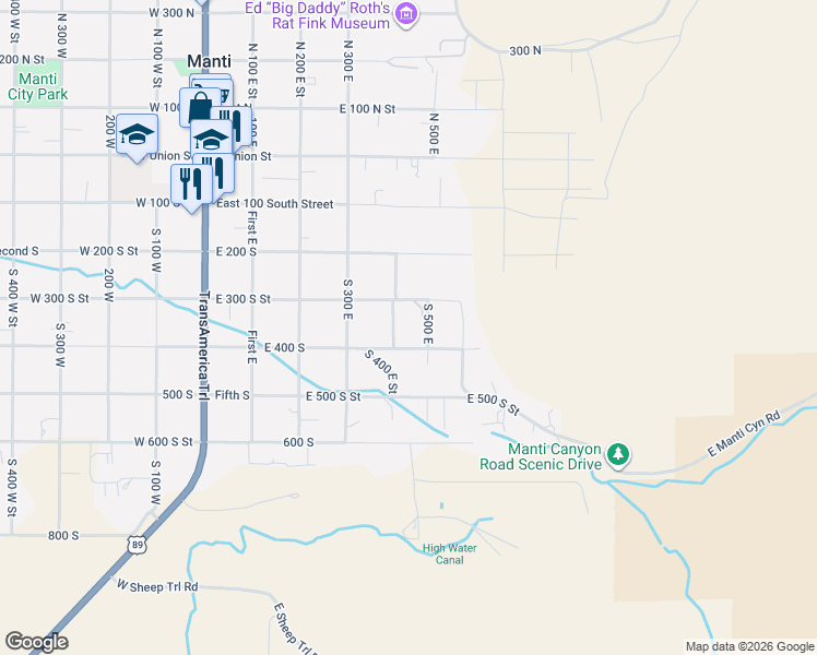 map of restaurants, bars, coffee shops, grocery stores, and more near 360 South 400 West Street in Manti
