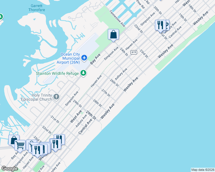 map of restaurants, bars, coffee shops, grocery stores, and more near 2632 Asbury Avenue in Ocean City