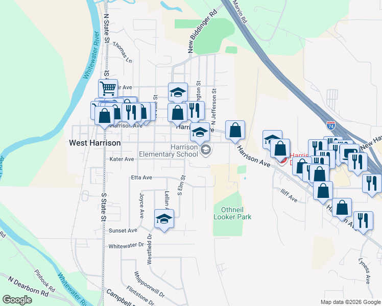 map of restaurants, bars, coffee shops, grocery stores, and more near 230 South Elm Street in Harrison