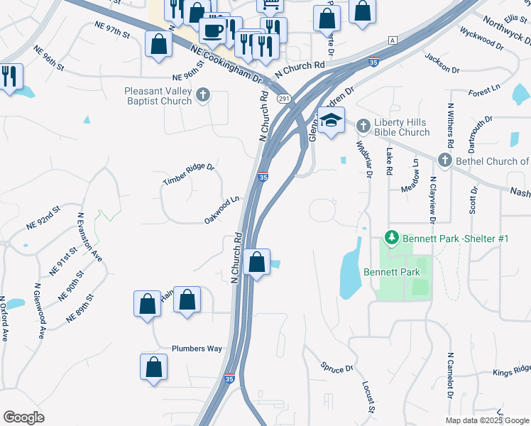 map of restaurants, bars, coffee shops, grocery stores, and more near 1311 Highway 291 in Liberty