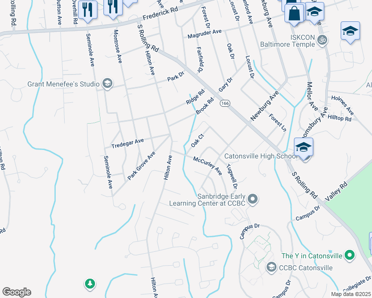 map of restaurants, bars, coffee shops, grocery stores, and more near 424 Oak Court in Catonsville