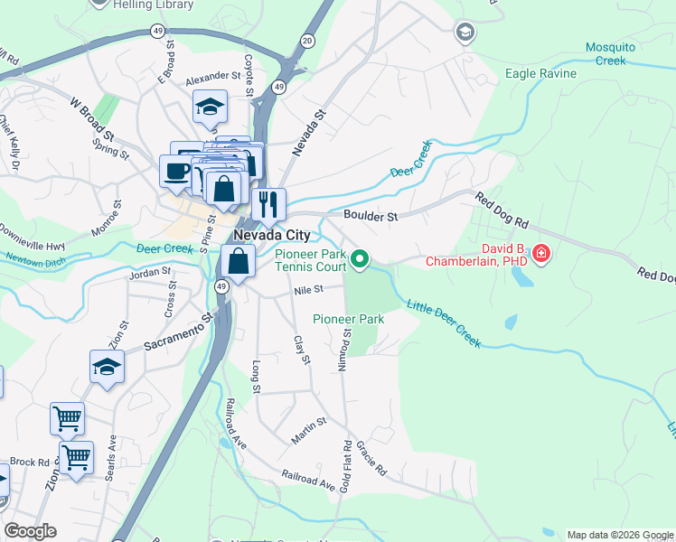 map of restaurants, bars, coffee shops, grocery stores, and more near 312 Park Avenue in Nevada City