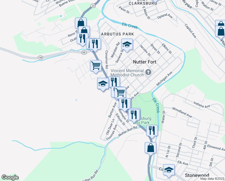 map of restaurants, bars, coffee shops, grocery stores, and more near 1302 Buckhannon Pike in Mount Clare