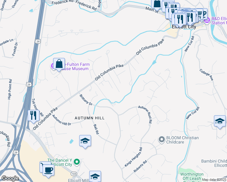 map of restaurants, bars, coffee shops, grocery stores, and more near 4146 Sears House Court in Ellicott City