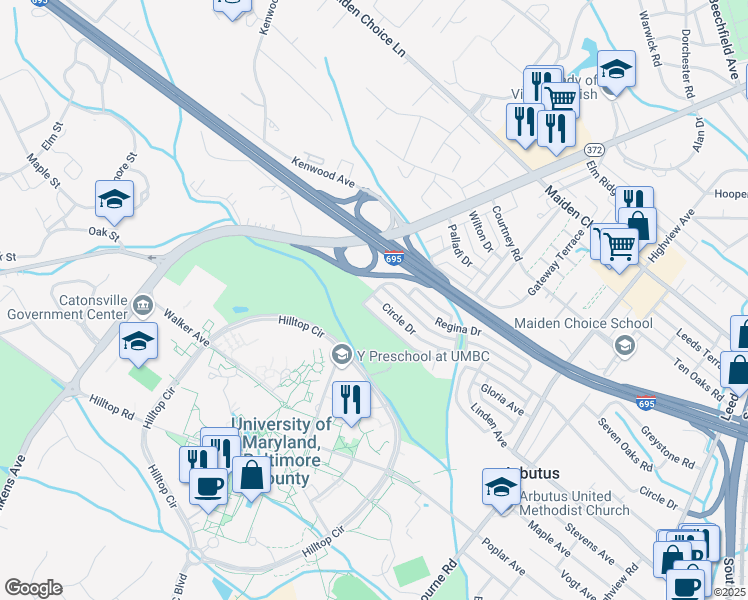 map of restaurants, bars, coffee shops, grocery stores, and more near 905 Circle Drive in Halethorpe