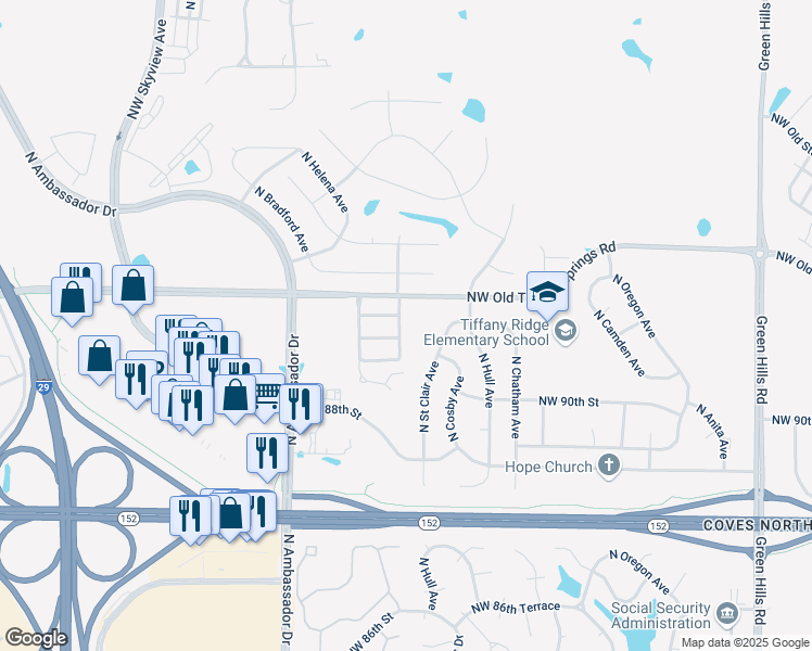 map of restaurants, bars, coffee shops, grocery stores, and more near 5910-5916 Northwest 91 Street in Kansas City