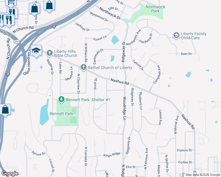 map of restaurants, bars, coffee shops, grocery stores, and more near 810 Howard Lane in Liberty