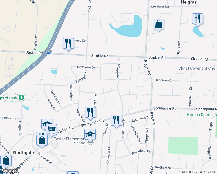 map of restaurants, bars, coffee shops, grocery stores, and more near 10287 Springlen Court in Cincinnati