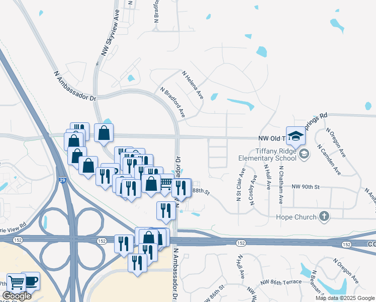 map of restaurants, bars, coffee shops, grocery stores, and more near 9191 North Ambassador Drive in Kansas City