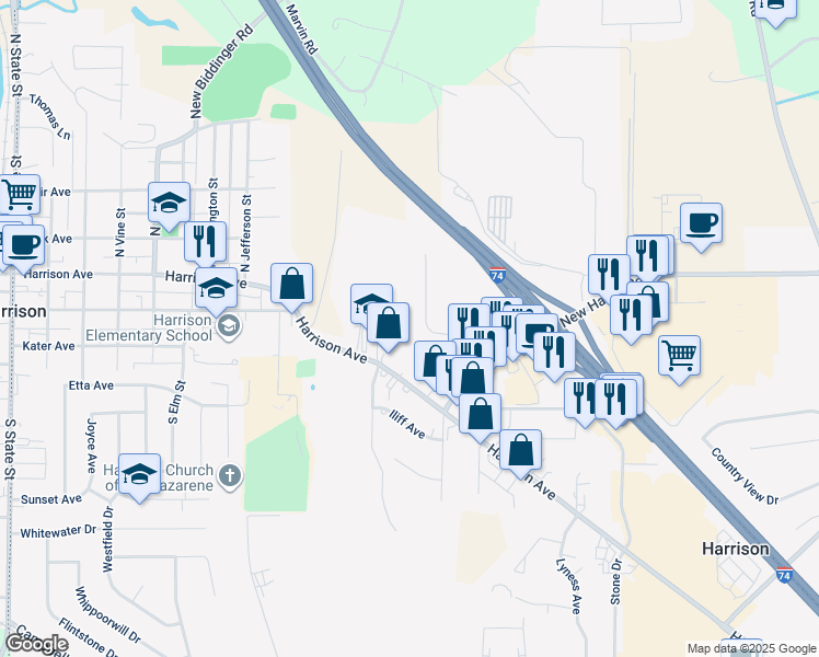 map of restaurants, bars, coffee shops, grocery stores, and more near 10900 Shaker Point Way in Harrison