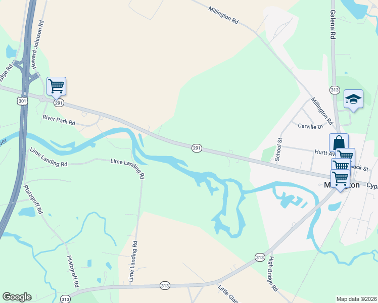 map of restaurants, bars, coffee shops, grocery stores, and more near 308 Cypress St in Millington