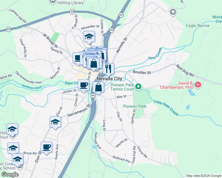 map of restaurants, bars, coffee shops, grocery stores, and more near in Nevada City