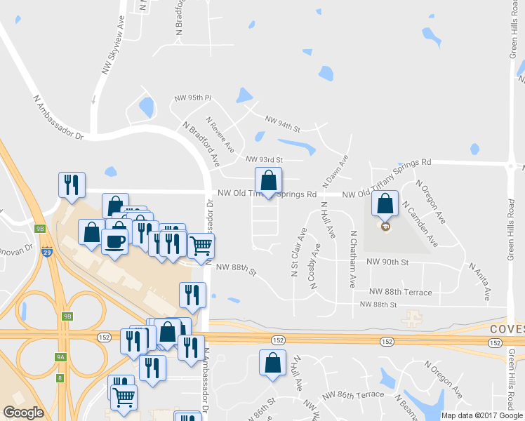 map of restaurants, bars, coffee shops, grocery stores, and more near 5910-5916 Northwest 91 Street in Kansas City