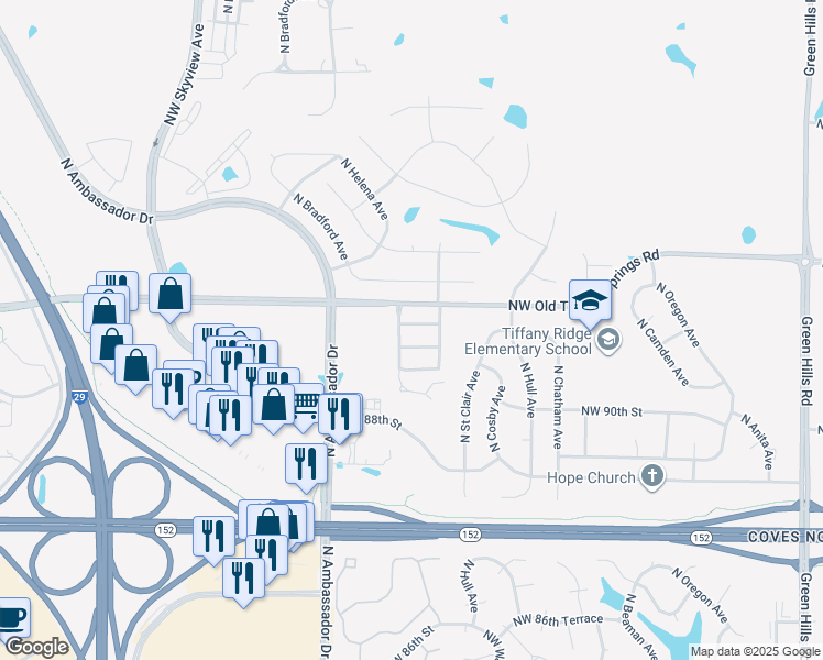 map of restaurants, bars, coffee shops, grocery stores, and more near 5957 Northwest 91st Terrace in Kansas City