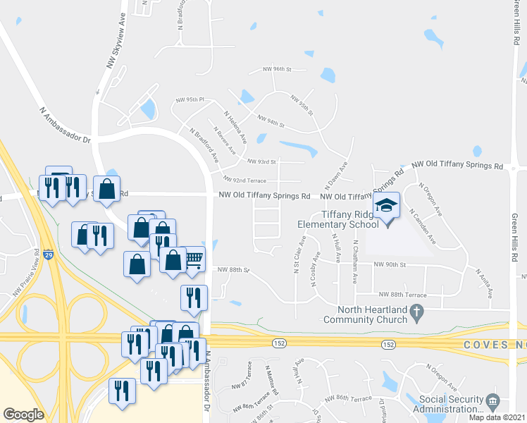 map of restaurants, bars, coffee shops, grocery stores, and more near 5955 Northwest 91st Terrace in Kansas City