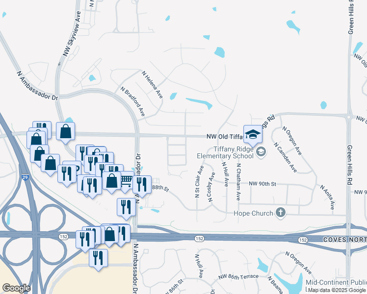 map of restaurants, bars, coffee shops, grocery stores, and more near 5911 Northwest 91st Terrace in Kansas City