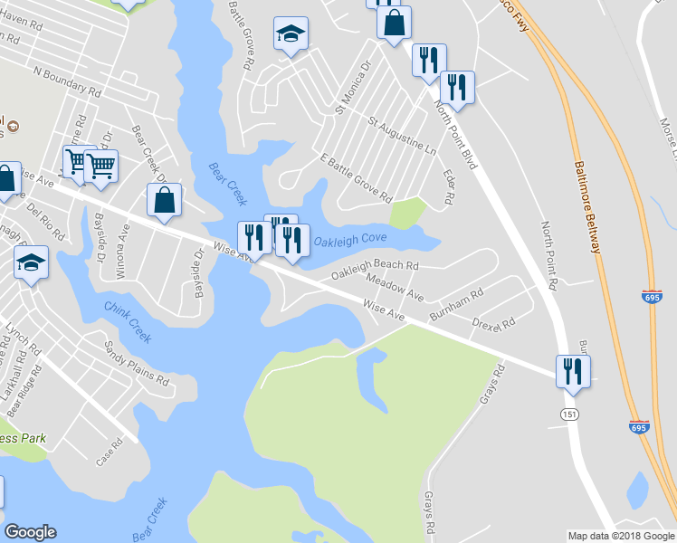 map of restaurants, bars, coffee shops, grocery stores, and more near 711 Oakleigh Beach Road in Dundalk
