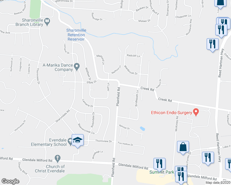 map of restaurants, bars, coffee shops, grocery stores, and more near 10781 Plainfield Road in Cincinnati