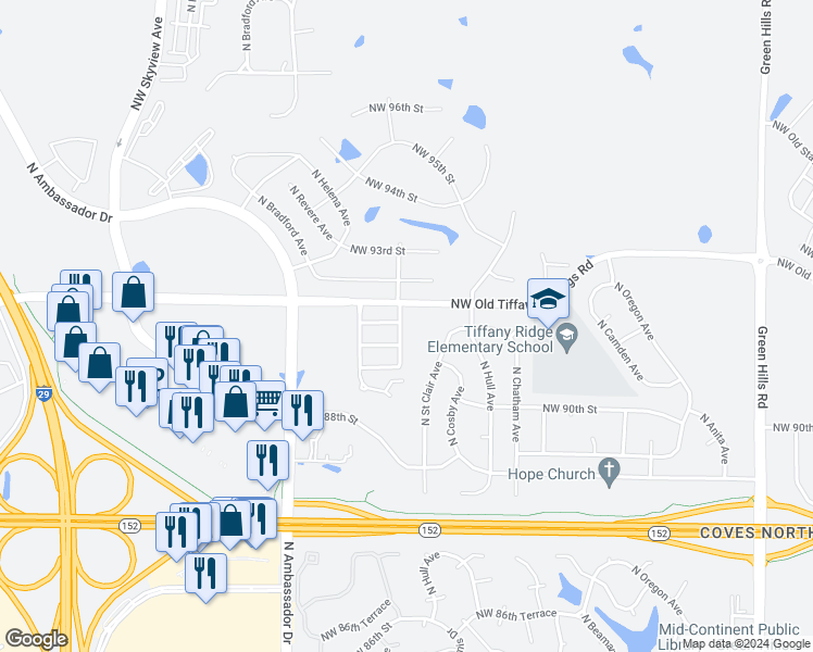 map of restaurants, bars, coffee shops, grocery stores, and more near 5910-5916 Northwest 91 Street in Kansas City