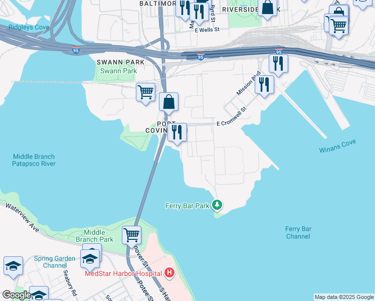 map of restaurants, bars, coffee shops, grocery stores, and more near 2616 Ferry Bar Drive in Baltimore
