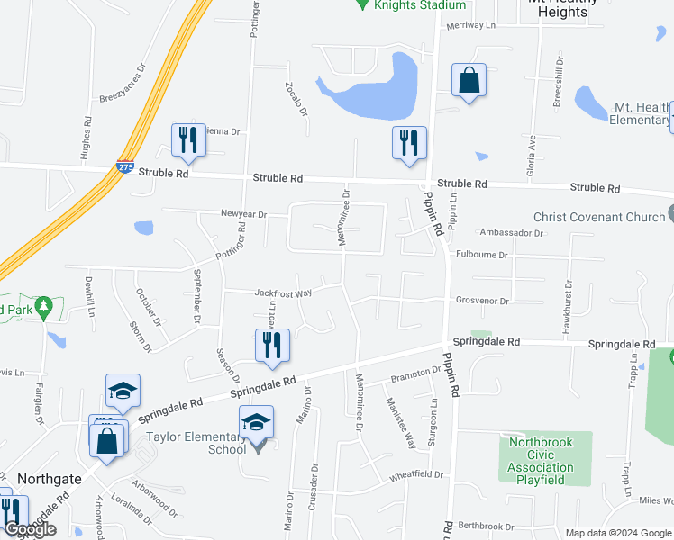 map of restaurants, bars, coffee shops, grocery stores, and more near 10291 Menominee Drive in Cincinnati